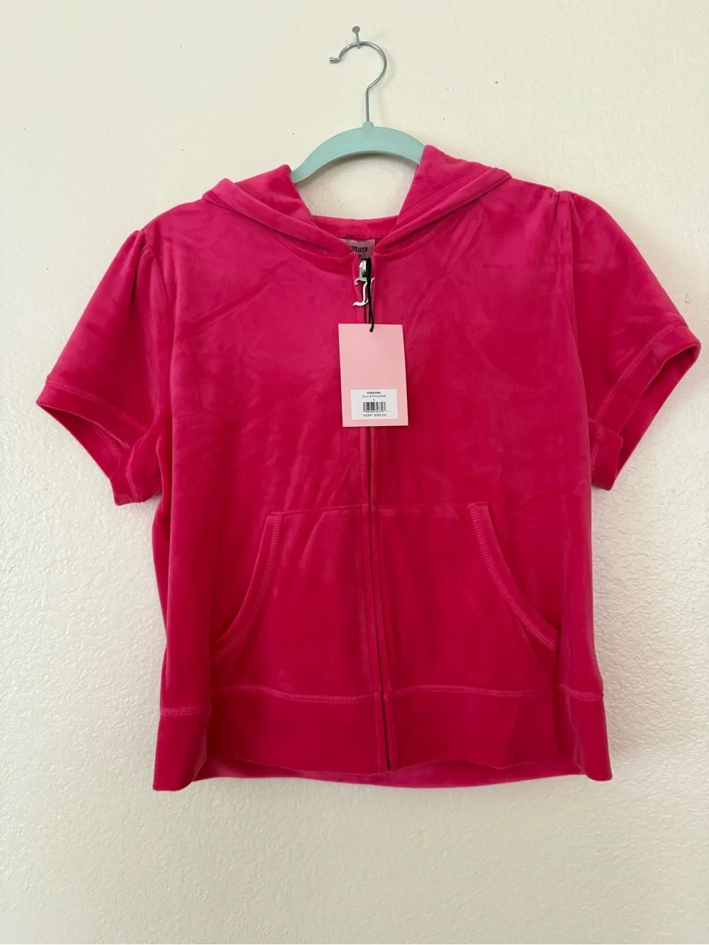 NWT Juicy Couture' Short-Sleeve Velour Zip Hoodie - Hot Pink